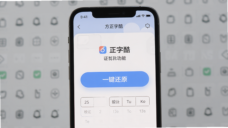 画面展示手机应用“方正字酷”的“一键还原”功能界面,按钮突出显示,背景干净,风格简洁,画质高清。