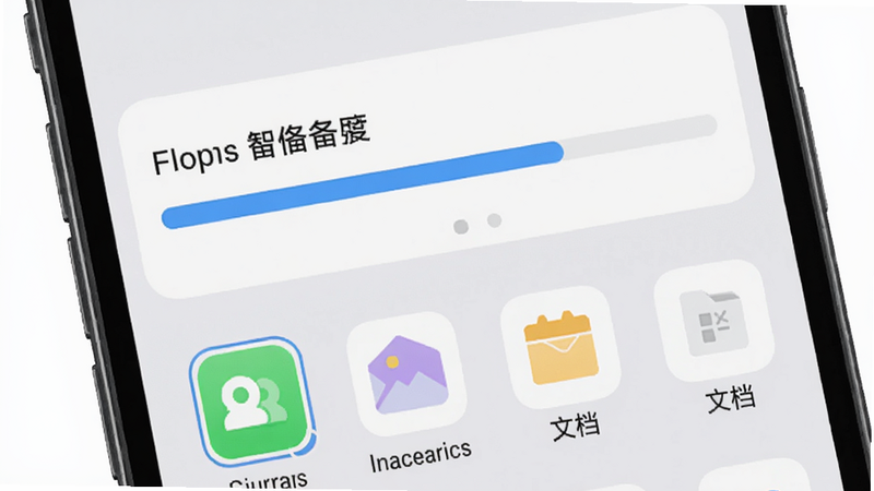 智家云盘备份功能界面,手机屏幕上显示备份进度条,下方有通讯录、相册、文档等图标被选中,背景为浅灰色,风格扁平化,细节清晰,画质高,无多余元素。