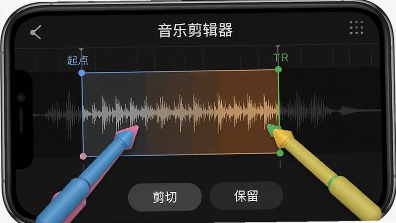 展示手机屏幕上音频波形被精准切割的过程:两根彩色指针分别标记起点和终点,选中区域高亮显示,下方有“剪切”“保留”按钮。整体界面干净,突出“音乐剪辑器”软件名称,风格写实。