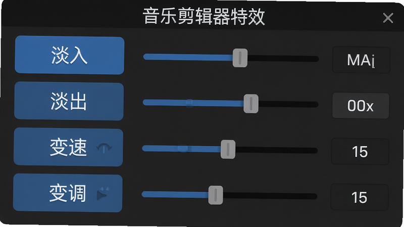 音乐剪辑器特效面板:左侧有“淡入”“淡出”“变速”“变调”四个选项,右侧对应滑块或数值输入框。背景为纯色,文字清晰,软件名称位于顶部。画质高清,无其他干扰元素。