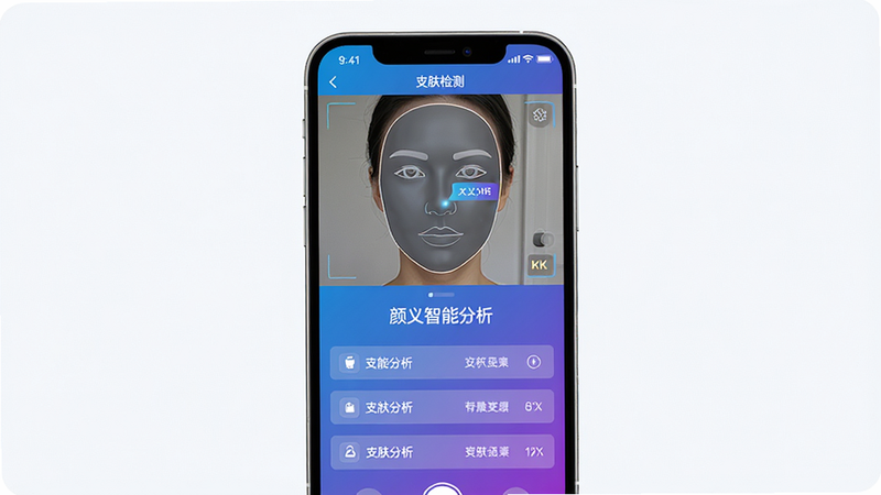 主体:手机屏幕展示皮肤检测界面,布局:居中,排版:上方为实时摄像头画面,下方为分析结果条,风格:科技感蓝紫渐变,细节:画面中有一张人脸轮廓图,标注“颜义智能分析”,画质:8K超清,干净,无多余元素