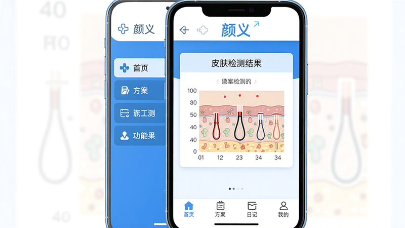 主体:颜义App主界面,布局:居中显示手机屏幕截图,排版:左侧功能菜单栏,右侧内容展示区,风格:清新医学蓝白配色,细节:界面顶部有“颜义”logo,中部显示皮肤检测结果图表,底部导航栏包含首页、方案、日记、我的,画质:超高清4K,干净,无多余元素