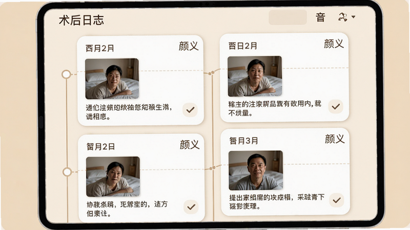主体:术后日志界面,布局:时间线瀑布流,排版:每日卡片包含日期、照片、文字备注,风格:温暖米白背景,细节:卡片右上角有“颜义”水印,画质:4K,干净,无多余元素