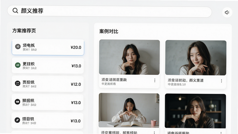 主体:方案推荐页面,布局:左右分栏,排版:左侧项目列表带价格,右侧案例对比图,风格:简约卡片式,细节:顶部搜索栏带有“颜义推荐”字样,画质:高清,干净,无多余元素