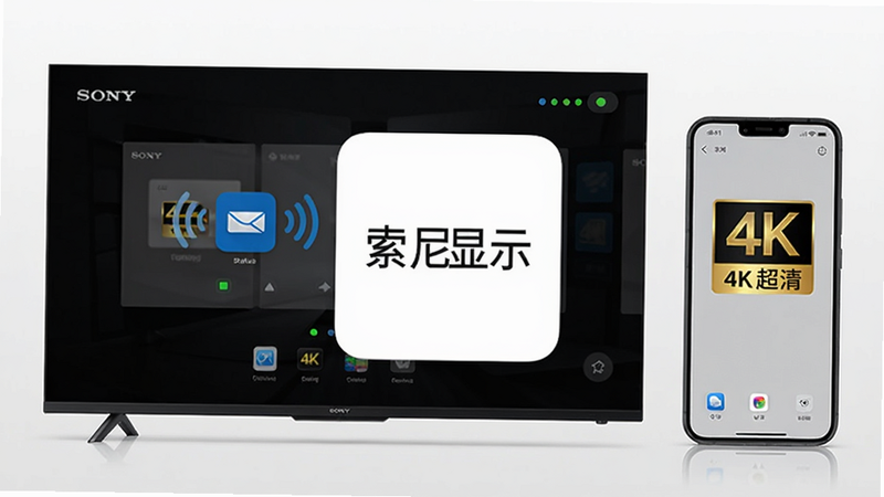 图片展示索尼显示主界面,中央是“索尼显示”应用图标,背景为索尼电视与手机无线投屏场景,布局左右对称,风格简洁科技感,细节包括连接状态指示灯,画质4K超清,干净无多余元素