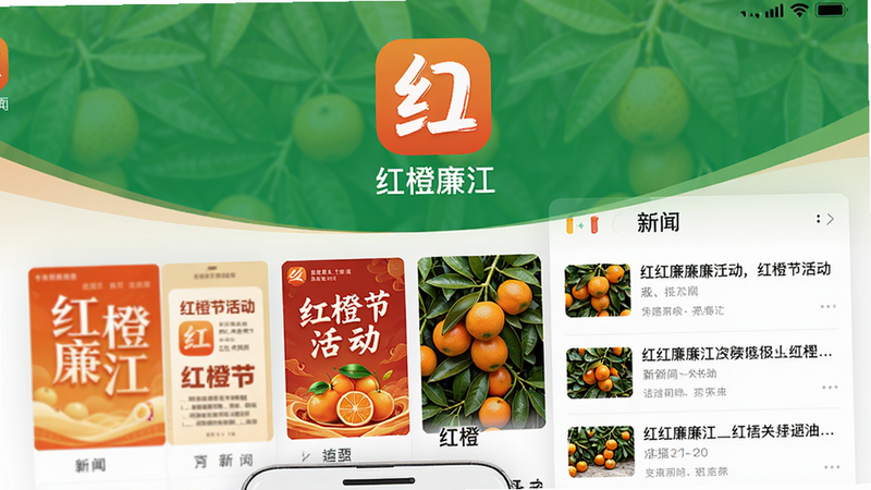 主体为红橙廉江APP手机界面截图,布局:屏幕中央显示APP图标及“红橙廉江”字样,下方排列着红橙节活动海报、红橙图片、新闻列表,排版整齐有序,风格简洁现代,色彩以橙绿为主,细节清晰,画质高清,无多余元素