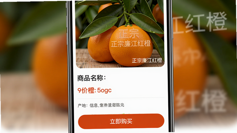 主体为红橙廉江APP商品详情页面,布局:上方红橙实物大图,下方商品名称、价格、产地信息,底部“立即购买”按钮突出,风格电商简约,色彩温暖,细节:图片水印“正宗廉江红橙”,画质高清,无多余元素