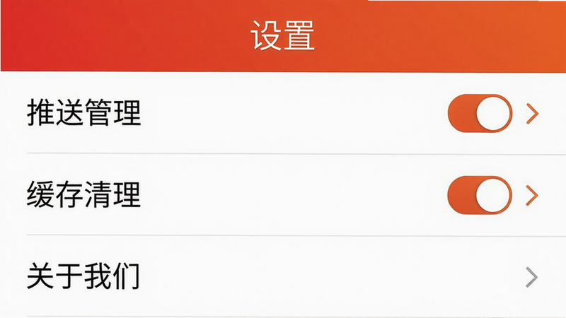 主体为红橙廉江APP设置页面截图,布局:顶部“设置”标题,下方列表包括“推送管理”“缓存清理”“关于我们”,风格简洁,细节:每个选项右侧有开关或箭头,画质高清,无多余元素