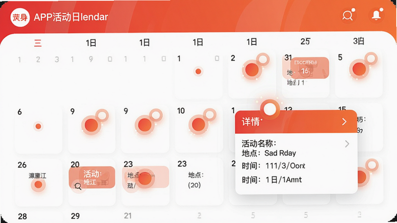 主体为红橙廉江APP活动日历页面,布局:月视图显示日期,每个活动日标注橙红色圆点,点击展开详情卡片,包含活动名称、地点、时间,风格清新,细节:圆点闪烁提示,画质高清,无多余元素