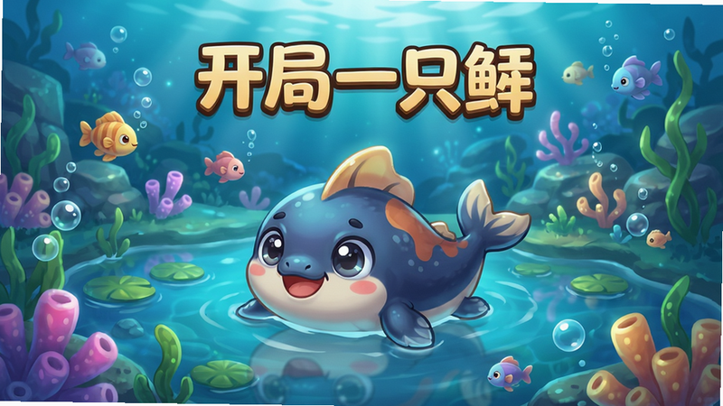 一张游戏主界面截图,显示一只可爱的鲲在池塘中游动,背景是梦幻的水下世界,界面有“开局一只鲲”游戏标题,布局居中,风格卡通,细节清晰,画质高,干净无多余元素。