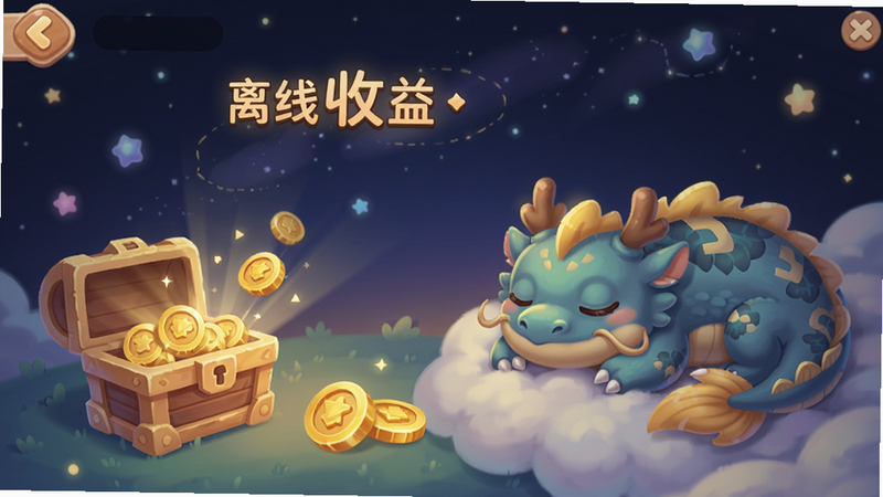 一张游戏挂机收益界面截图,显示离线收益的宝箱和金币动画,界面有“离线收益”字样,背景是星空,鲲在睡觉,布局简洁,风格温馨,细节可爱,画质高。