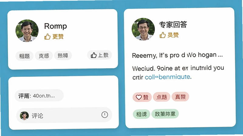 有草坪社区问答页面,显示用户提问和专家回答,带有头像和点赞数,界面采用卡片式布局,风格亲和,细节包括评论框和标签,画质干净