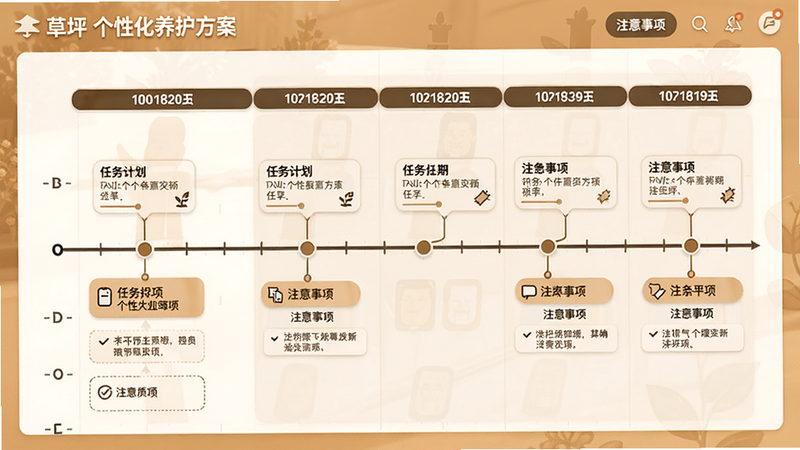 有草坪个性化养护方案界面,显示以时间轴展示的全年计划,包含任务节点和注意事项,风格专业,色调温暖,细节清晰,画质干净