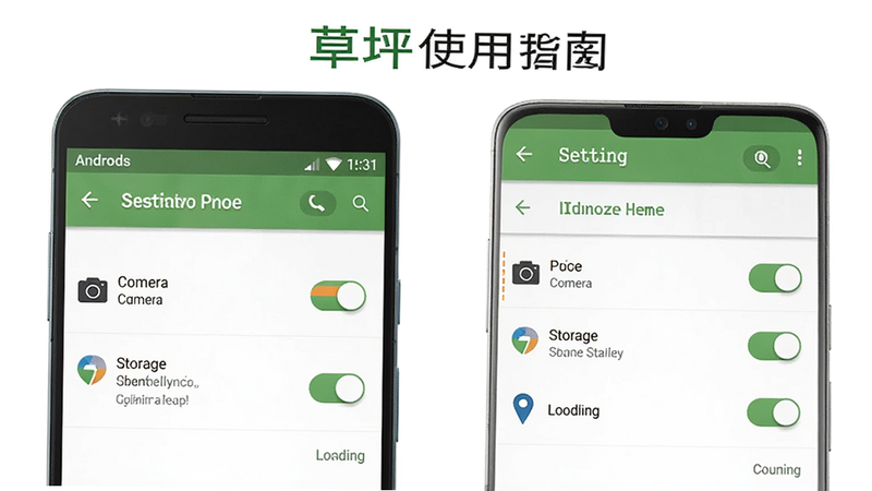 有草坪使用指南示意图,展示手机安装权限设置步骤,界面为安卓系统设置页面,包含相机、存储、定位开关,布局清晰,风格写实,画质干净