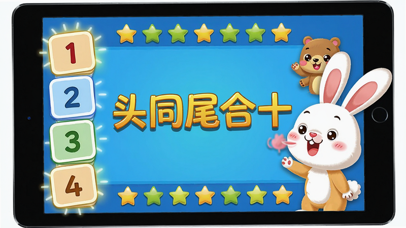 主体:一个iPad屏幕显示口诀动画,左侧是数字卡片,右侧有卡通小动物念口诀;布局:屏幕居中,上下各有一行小星星;排版:屏幕内文字“头同尾合十”加粗显示;风格:儿童插画风格,色彩活泼;细节:小兔子嘴巴动,数字卡片有光芒;画质:高清,干净明亮。