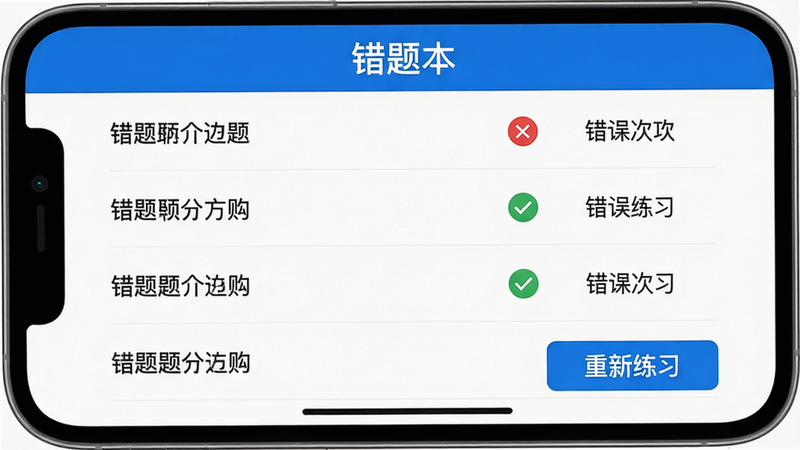 主体:手机屏幕显示错题本列表,左侧为题目,右侧为错误次数;布局:列表形式,顶部有“错题本”标题;排版:红色叉号和绿色对勾标识;风格:简洁清晰,白底蓝字;细节:有“重新练习”按钮;画质:高清,无多余元素。