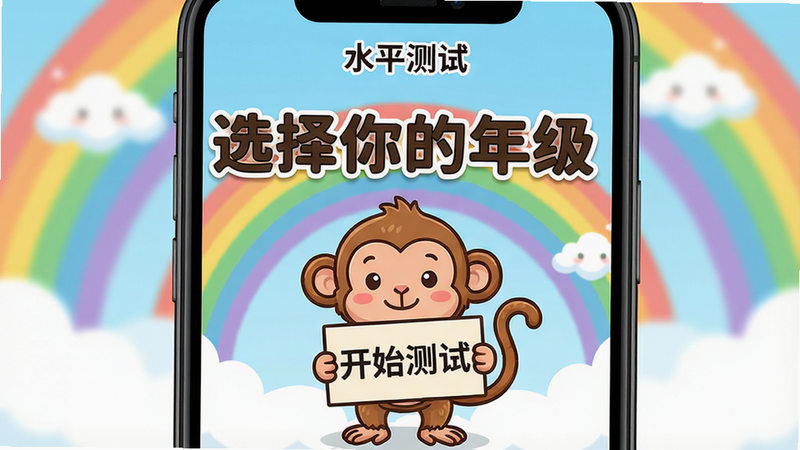 主体:手机主界面显示“水平测试”页面,有一个小猴子举着“开始测试”牌子;布局:居中;排版:大字标题“选择你的年级”;风格:卡通;细节:背景有彩虹和云朵;画质:高清,干净。