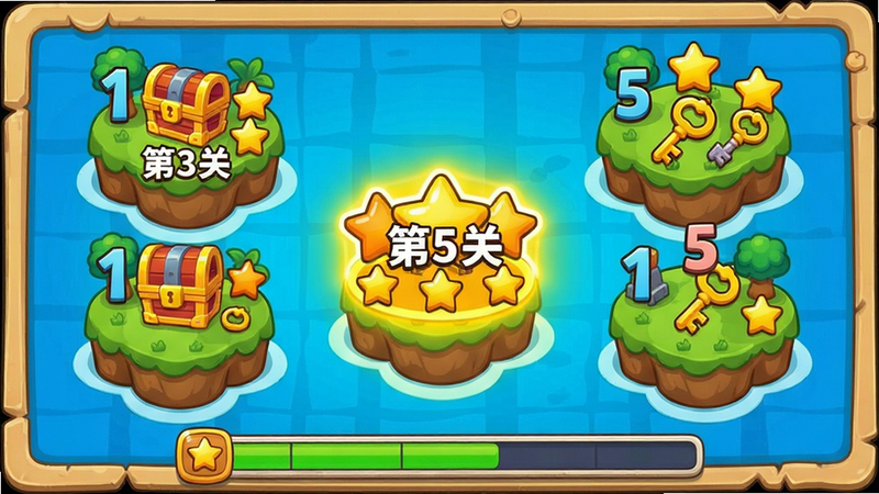主体:闯关地图界面,显示多个岛屿,每个岛屿有数字和星星,当前关卡高亮;布局:地图横铺,下方有进度条;排版:岛屿上写“第3关”“第5关”;风格:卡通游戏风格,色彩鲜艳;细节:有宝箱和钥匙图标;画质:高清,无多余元素。
