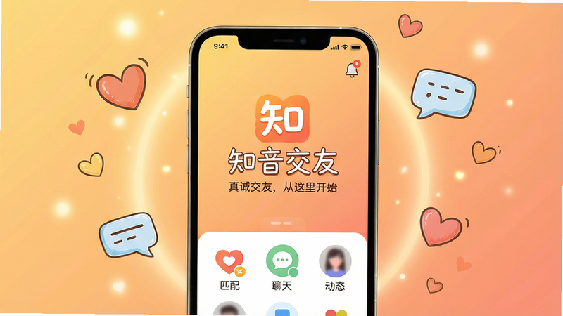 主体:知音交友App的智能手机界面展示,屏幕中央显示“知音交友”品牌Logo及slogan“真诚交友,从这里开始”。布局:手机竖屏居中,背景为渐变暖色调,周围有柔和光效。排版:手机屏幕内清晰展示主界面功能图标,包括“匹配”、“聊天”、“动态”等。风格:清新简约,现代扁平化,带一点手绘质感。细节:通知角标、头像模糊处理保护隐私,背景点缀爱心与对话气泡元素。画质:高清渲染,干净无多余元素,色彩温暖明亮。