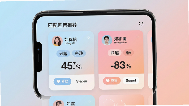 主体:手机屏幕展示知音交友的“匹配推荐”页面,两张用户卡片并排显示,卡片上包含头像、昵称、兴趣标签和匹配度百分比。布局:手机居中,界面采用卡片式瀑布流排版。风格:现代简约,色彩柔和(浅蓝与粉橙渐变)。细节:匹配度数字用醒目粗体,卡片底部有“喜欢”和“跳过”按钮。画质:高清,干净无多余元素,字体清晰。