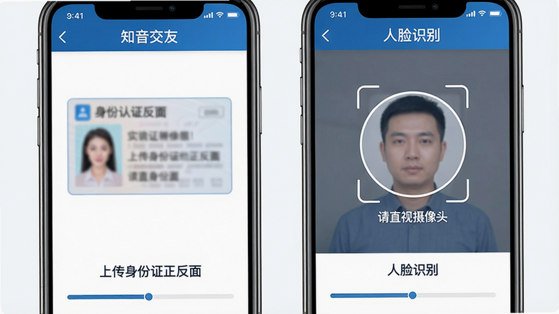 主体:知音交友的实名认证流程界面,展示“上传身份证正反面”和“人脸识别”两个步骤的截图。布局:将两个步骤并排显示在手机屏幕内,底部有进度条。风格:简洁商务风格,蓝白配色。细节:身份证图片模糊处理示例,人脸识别框为圆形,提示文字“请直视摄像头”。画质:高清晰度,无多余元素。