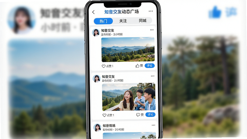 主体:知音交友的动态广场界面,顶部有“热门”、“关注”、“同城”标签页,下方展示多条动态卡片,包含用户头像、发布时间、图文内容和点赞评论按钮。布局:手机屏幕全屏显示信息流,卡片之间留白均匀。风格:社交媒体风格,青春活力,配色以白底+蓝色调为主。细节:动态图片为风景或生活场景样图,点赞数、评论数用小图标显示。画质:清晰明亮,无多余元素。