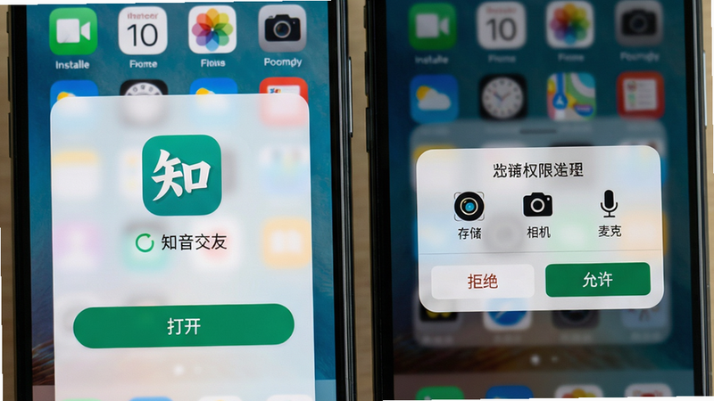 主体:手机屏幕上显示知音交友的安装成功界面和首次打开后的权限请求弹窗。布局:两部手机并列,左边展示安装完成图标和“打开”按钮,右边展示权限弹窗(存储、相机、麦克风),弹窗底部有“拒绝”和“允许”按钮。风格:真实手机截图风格,光影自然。细节:安装界面背景为系统桌面,权限弹窗带模糊效果。画质:高清,干净无多余元素。