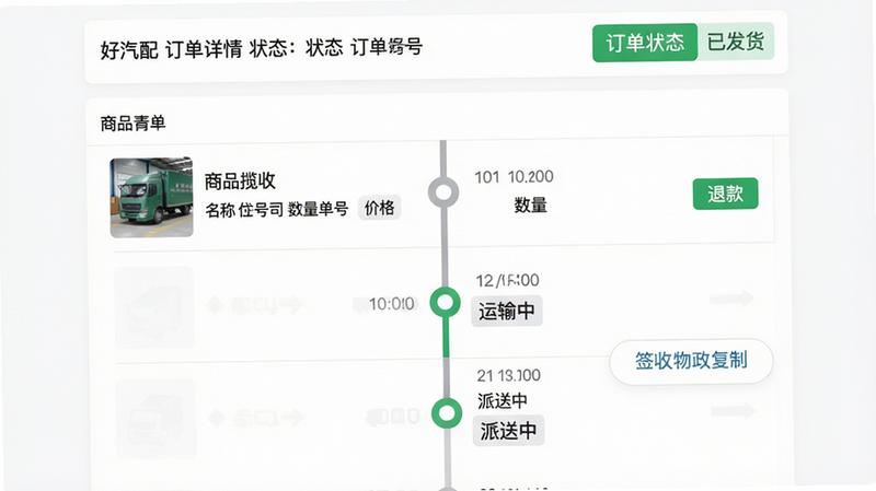 主体:好汽配订单详情页面,显示订单状态“已发货”及物流信息。布局:顶部订单编号和状态,中间为商品清单(图片、名称、数量、价格),下方为物流跟踪时间线(已揽收、运输中、派送中、签收)。排版:垂直时间线布局,每个节点带时间戳和状态文字。风格:清新商务,绿色表示已完成的步骤,灰色表示未到步骤。细节:物流公司名称和单号可点击复制,商品列表每项有退款按钮。画质:高清,无多余元素。
