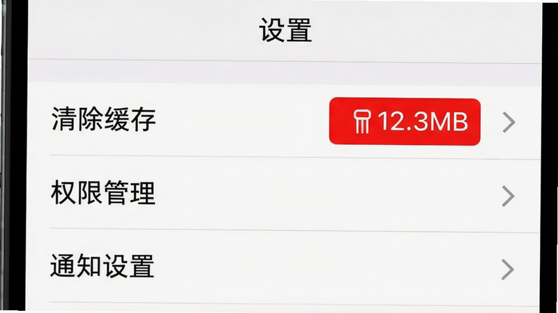 主体:好汽配App的“设置”页面,展示缓存清理按钮和权限管理入口。布局:页面顶部为“设置”标题,下方列表包含“清除缓存”(红色按钮)、“权限管理”、“通知设置”等项。排版:列表式,每项右侧有箭头图标。风格:系统设置风格,白色背景,文字黑色。细节:清除缓存按钮旁边显示当前缓存大小“12.3MB”。画质:清晰,无多余元素。