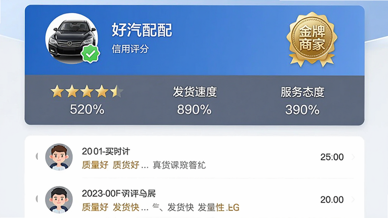 主体:好汽配App的供应商详情页面,显示商家信息、信用评分和评价。布局:顶部商家头像、名称和认证标识,中间为动态评分(描述相符、发货速度、服务态度),底部为买家评价列表。排版:分区域展示,评分使用五星和百分比数字,评价按时间倒序,每条评价带用户头像和内容。风格:简洁商务,蓝色和灰色搭配,认证标识为金色。细节:商家认证标识有“金牌商家”字样,评价中有“质量好”“发货快”等文字。画质:干净,无多余元素。