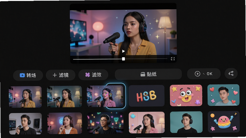 主体:中视频剪辑的特效选择界面;布局:上方为视频预览,下方为特效分类标签(转场/滤镜/贴纸)和缩略图列表;排版:网格布局,每个特效有预览小图;风格:色彩丰富,图标精致;细节:一个特效被选中高亮显示,预览窗口正在播放带特效的视频;画质:细腻,无多余文字。
