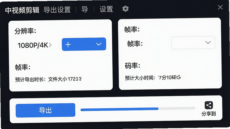 主体:中视频剪辑的导出设置界面;布局:中间为分辨率选择(1080P/4K)、帧率、码率选项,底部有“导出”按钮和进度条;排版:卡片式布局,选项清晰;风格:简洁商务,按钮蓝色;细节:显示预计导出时长和文件大小,旁边有“分享到”图标;画质:干净,无杂乱。