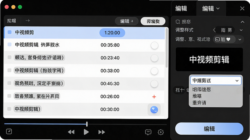 主体:中视频剪辑的字幕编辑界面;布局:左侧为视频预览,右侧为字幕列表和编辑面板;排版:字幕列表显示每句文字及时间戳,编辑面板可调整样式;风格:清爽明亮,按钮圆润;细节:字幕样式预览区显示“中视频剪辑”文字,字体选择下拉菜单;画质:高清,无多余元素。