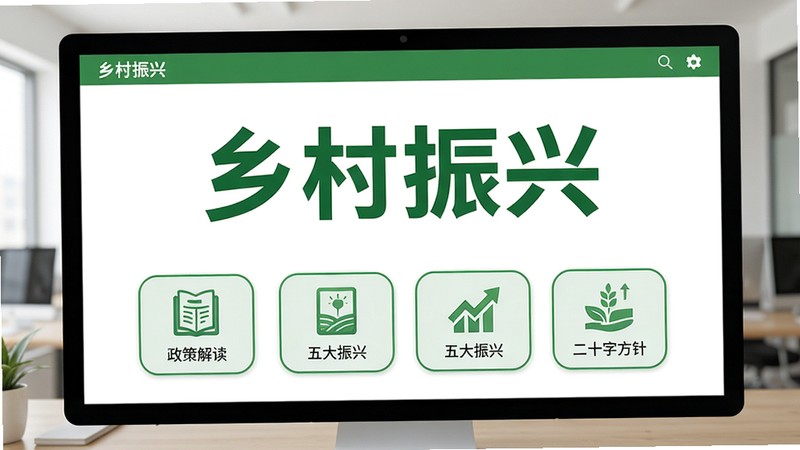 主体:乡村振兴软件首页界面,中间显示“乡村振兴”四个大字,下方为政策解读、五大振兴、二十字方针等模块图标,布局居中排版,风格扁平化设计,采用绿色主色调搭配白色背景,细节上每个图标有圆角矩形边框,画质高清,干净无多余元素。