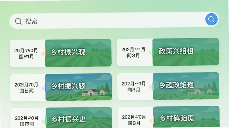主体:乡村振兴软件内政策资讯列表页面,顶部为搜索栏,下方按时间排列的政策标题卡片,卡片左侧为日期,右侧为政策名称,布局整齐列表排列,风格卡片式设计,背景浅绿色渐变,细节醒目且分类清晰,画质干净无多余元素。