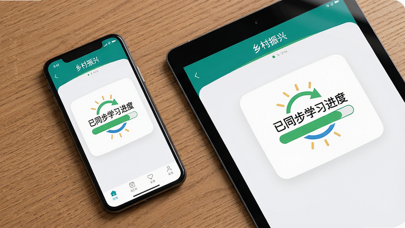 主体:手机与平板设备并排放置,屏幕显示乡村振兴软件内同步提示“已同步学习进度”图案,布局俯拍展示,风格产品场景图,背景木桌,细节两台设备亮度一致,画质锐利干净。