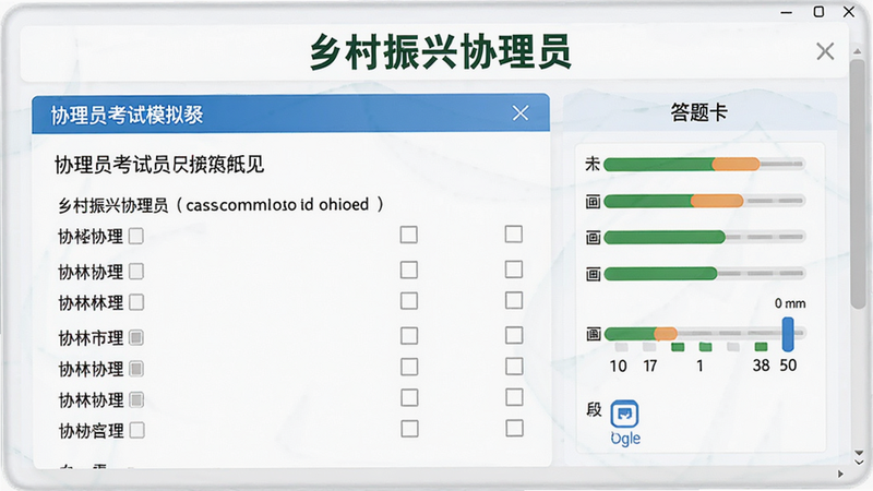 主体:协理员考试模拟界面,左边为答题区显示题目与选项,右边为答题卡进度条,布局左右分栏排版,风格教育类App风格,背景白色,细节带有“乡村振兴协理员”标题,画质高清干净。