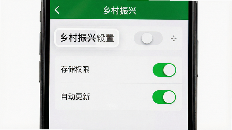 主体:一部手机屏幕显示乡村振兴软件设置页面,高亮显示“存储权限”开关和“自动更新”选项,布局居中特写,风格截图风格,背景干净白色,细节开关为绿色状态,画质清晰。