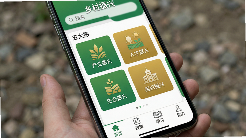 主体:智能手机屏幕显示“乡村振兴”APP主界面,布局:上方有搜索栏,中部有“五大振兴”图标卡片,包括产业振兴、人才振兴、文化振兴、生态振兴、组织振兴,底部导航栏有首页、政策、学习、我的。排版:卡片式布局,风格:扁平化设计,色彩以绿色和金色为主,细节:图标简洁明了,画质:高清,干净,无多余元素。