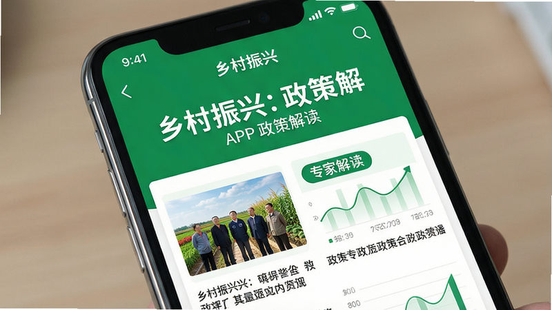 主体:手机屏幕显示“乡村振兴”APP政策解读页面,布局:顶部是政策标题,下方是图文解析,有“专家解读”标签,风格:简洁商务,配色绿色和白色,细节:文字清晰,画质高清,干净无多余。