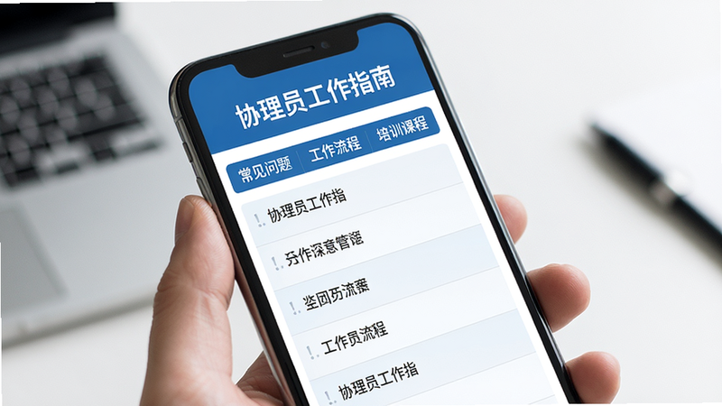 主体:手机屏幕显示“协理员工作指南”页面,布局:顶部标题,中部有“常见问题”、“工作流程”、“培训课程”等选项卡,风格:实用型界面,色调蓝色,细节:列表项清晰,画质高。