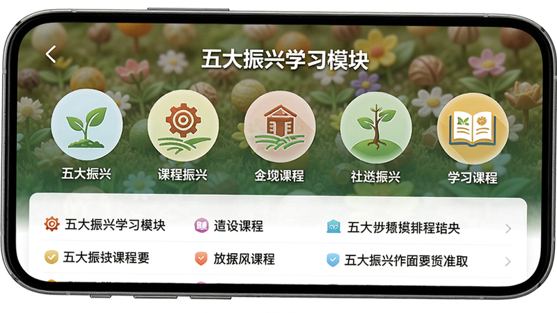 主体:手机屏幕展示“五大振兴”学习模块,布局:五个圆形图标分别代表五大振兴,下方有对应的课程列表,风格:教育类APP风格,色彩丰富但协调,细节:每个图标有文字标注,画质清晰,干净。