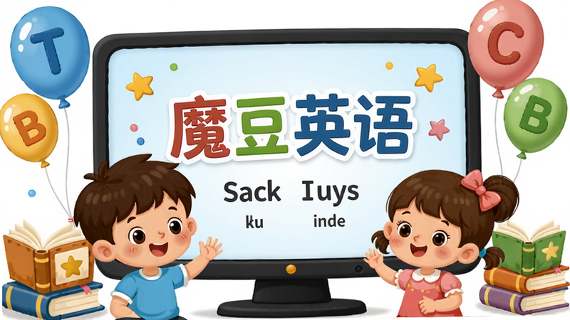 主体为一个卡通风格的小男孩和小女孩,围着一个大屏幕,屏幕上显示“魔豆英语”字样和英语单词,布局居中,排版整齐,风格为儿童插画风,细节包括书本、字母气球,画质高清,干净无多余元素。