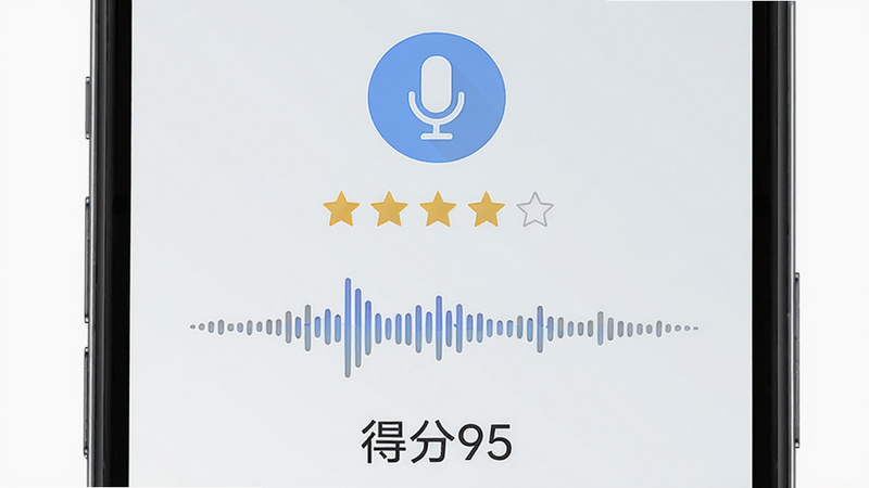 主体为手机屏幕界面,显示AI跟读打分功能,有一个麦克风图标和评分星星,布局居中,排版简洁,风格为现代UI,细节包括发音波形图和“得分95”字样,画质高清,干净。