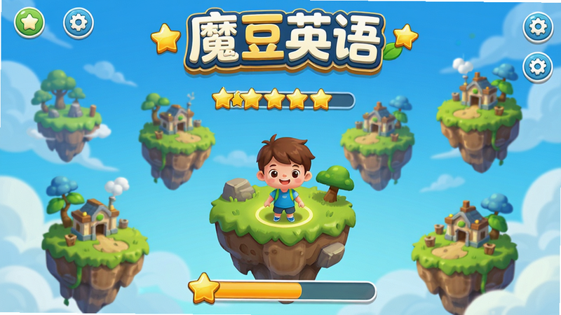 主体为游戏闯关界面,有多个关卡小岛,孩子角色站在当前关卡,上方显示“魔豆英语”标题,布局为纵向排列,排版有层次感,风格为游戏UI,细节包括金色星星和进度条,画质高清,干净。