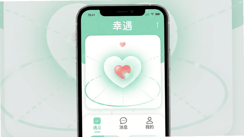 主体:手机屏幕上显示“幸遇”APP的主界面,布局:中央是一个心形匹配动画,下方有“遇见”、“消息”、“我的”三个导航栏,排版:UI设计简洁圆润,风格:清新自然,采用薄荷绿与白色搭配,细节:心形图标带有柔和光晕,画质:1080p高清,干净无多余元素,文字:“幸遇”标题位于顶部