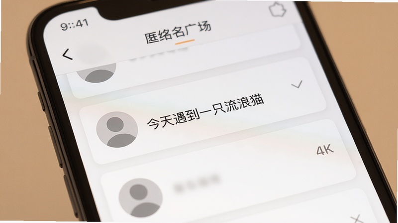 主体:手机屏幕显示匿名广场界面,列表中有一条动态“今天遇到一只流浪猫”,布局:卡片式排列,每张卡片包含匿名头像和文字,风格:极简温馨,细节:匿名头像统一为灰色剪影,画质:4K超清,干净无多余元素