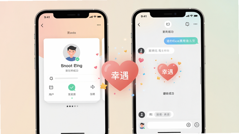 主体:两张手机并排展示匹配成功界面,左侧手机显示用户资料卡,右侧显示聊天窗口,布局:并排对比排版,风格:扁平化设计,颜色柔和,细节:匹配成功时弹出“幸遇”心形特效,画质:极致清晰,干净无多余元素