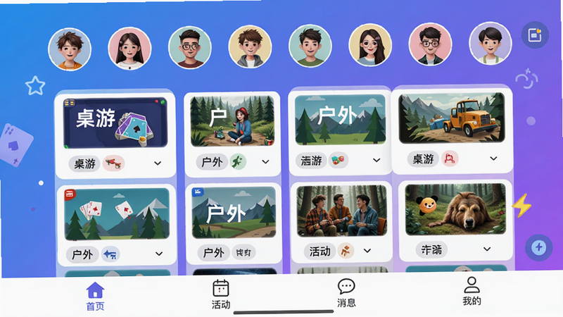哔哒组局软件主界面预览图,展示活动列表卡片、底部导航栏(首页、活动、消息、我的),背景为渐变蓝紫色,人物头像圆形排列,卡片上有“桌游”“户外”等标签,整体风格清新活泼,画质高清干净,无多余元素