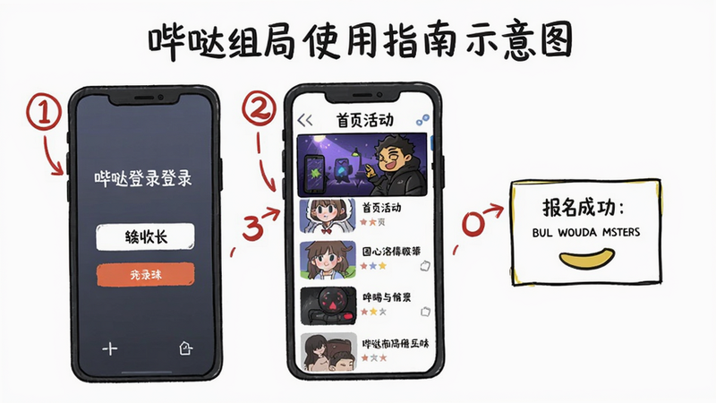 哔哒组局使用指南示意图,展示手机屏幕上的登录界面、首页活动列表、报名成功提示,步骤序号用红线标注,整体为手绘风格但清晰,画质高清,背景白色
